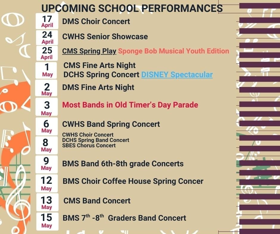 CORRECTED! We have some exciting Fine Arts events coming soon to Dickson County Schools! We're really hoping you can come and see the amazing talents of our students in their upcoming performances.