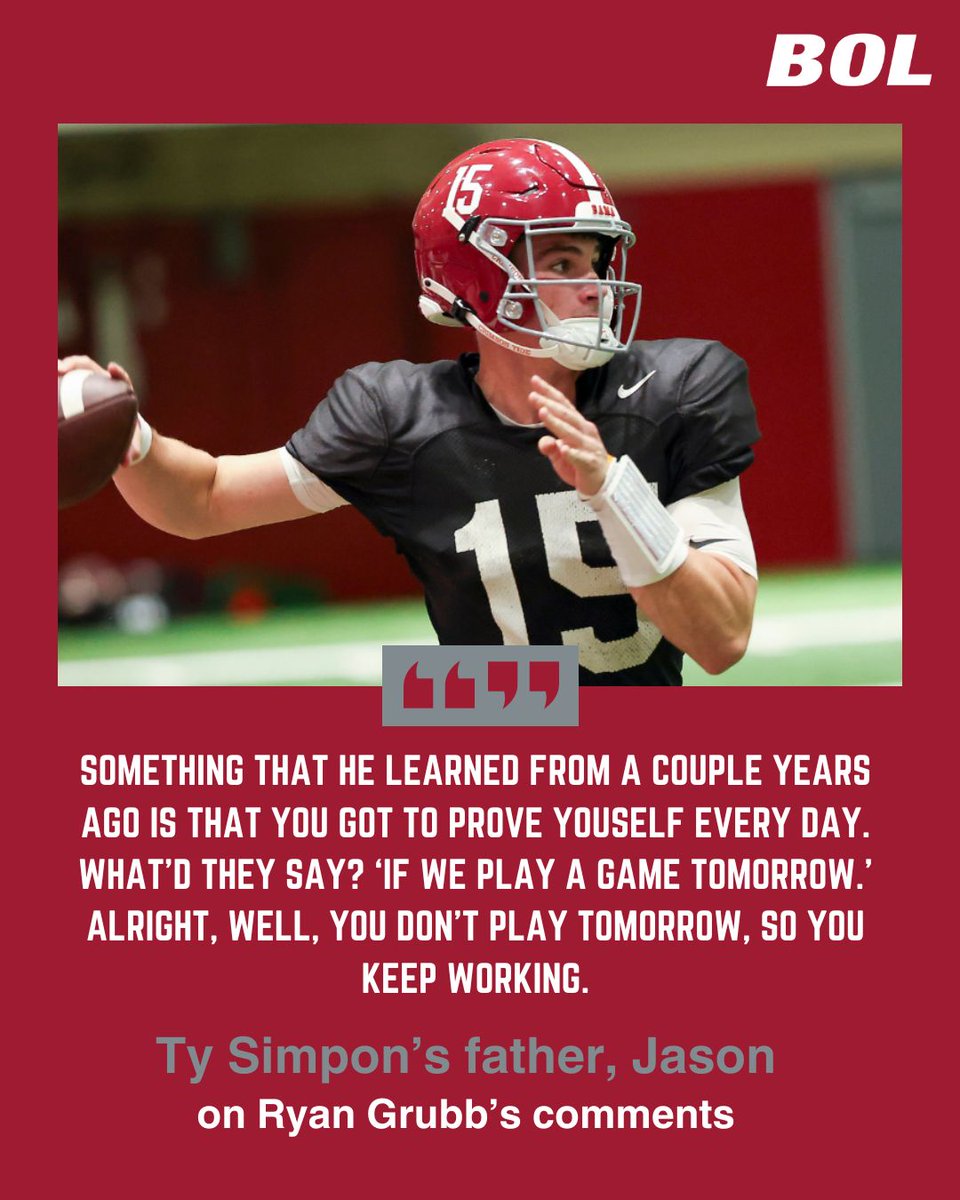 Charlie_Potter's tweet photo. Ty Simpson's dad discusses the #Alabama quarterback's pivotal spring practice with @BOL_On3. 

"I thought he looked very confident."

Details on Simpson's preparation, understanding, accuracy and leadership entering Year 4 at UA:

🔗 https://t.co/UyJnVRKwSO (On3+) https://t.co/3IMNxKLP2e