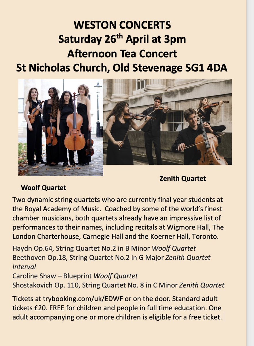 Saturday 26th April at 3pm Woolf Quartet anSt Nicholas Church, Stevenage We have only sold 18 tickets for our wonderful afternoon tea concert. These are two highly regarded young quartets, so please join us at 3pm next Saturday at St Nicholas to hear them play. <a href="/RoyalAcadMusic/">Royal Academy of Music</a>