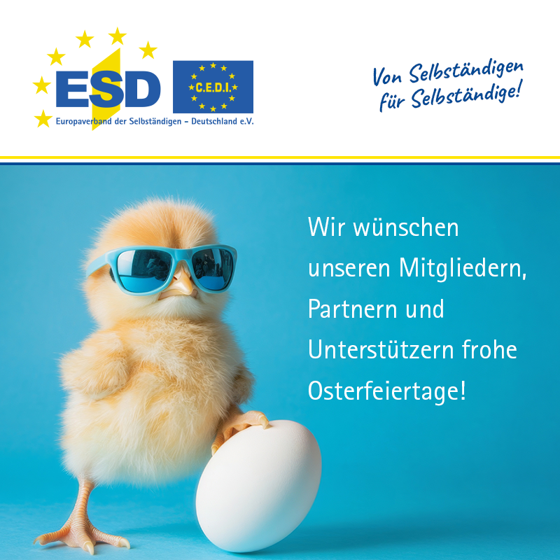 🐣 Frohe #Ostern!

Das Präsidium und die Mitarbeiterinnen und Mitarbeiter des Europaverbandes der Selbständigen – Deutschland (ESD) e.V. wünschen allen Mitgliedern, Partnern und Unterstützern sonnige, erholsame und schöne Osterfeiertage. 🌼🌞

#ESDeV