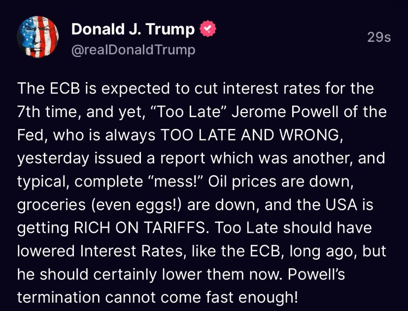 Trump glaubt anscheinend wirklich, dass Zölle Amerika reich machen würden,  stattdessen werden die US Bürger ärmer und die FED wird ihm bei seinem Wahnsinn nicht unterstützen, gut so!