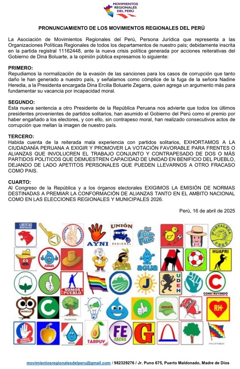 Asociación de Movimientos Regionales del Perú (@movregionales) on Twitter photo <a href="/MovRegionales/">Asociación de Movimientos Regionales del Perú</a> EXHORTAN A CIUDADANÍA A ELEGIR ALIANZAS ANTES QUE PARTIDOS SOLITARIOS QUE SÓLO NOS HEREDAN CORRUPCIÓN
<a href="/RPPNoticias/">RPP Noticias</a> <a href="/exitosape/">Exitosa Noticias</a> <a href="/ensustrece/">Semanario Hildebrandt en sus trece</a> <a href="/larepublica_pe/">La República</a> <a href="/elcomercio_peru/">El Comercio</a> <a href="/Latina_Noticias/">Latina Noticias</a> <a href="/canalN_/">Canal N</a> <a href="/MovRegionales/">Asociación de Movimientos Regionales del Perú</a> EXHORTAN A CIUDADANÍA A ELEGIR ALIANZAS ANTES QUE PARTIDOS SOLITARIOS QUE SÓLO NOS HEREDAN CORRUPCIÓN
<a href="/RPPNoticias/">RPP Noticias</a> <a href="/exitosape/">Exitosa Noticias</a> <a href="/ensustrece/">Semanario Hildebrandt en sus trece</a> <a href="/larepublica_pe/">La República</a> <a href="/elcomercio_peru/">El Comercio</a> <a href="/Latina_Noticias/">Latina Noticias</a> <a href="/canalN_/">Canal N</a>