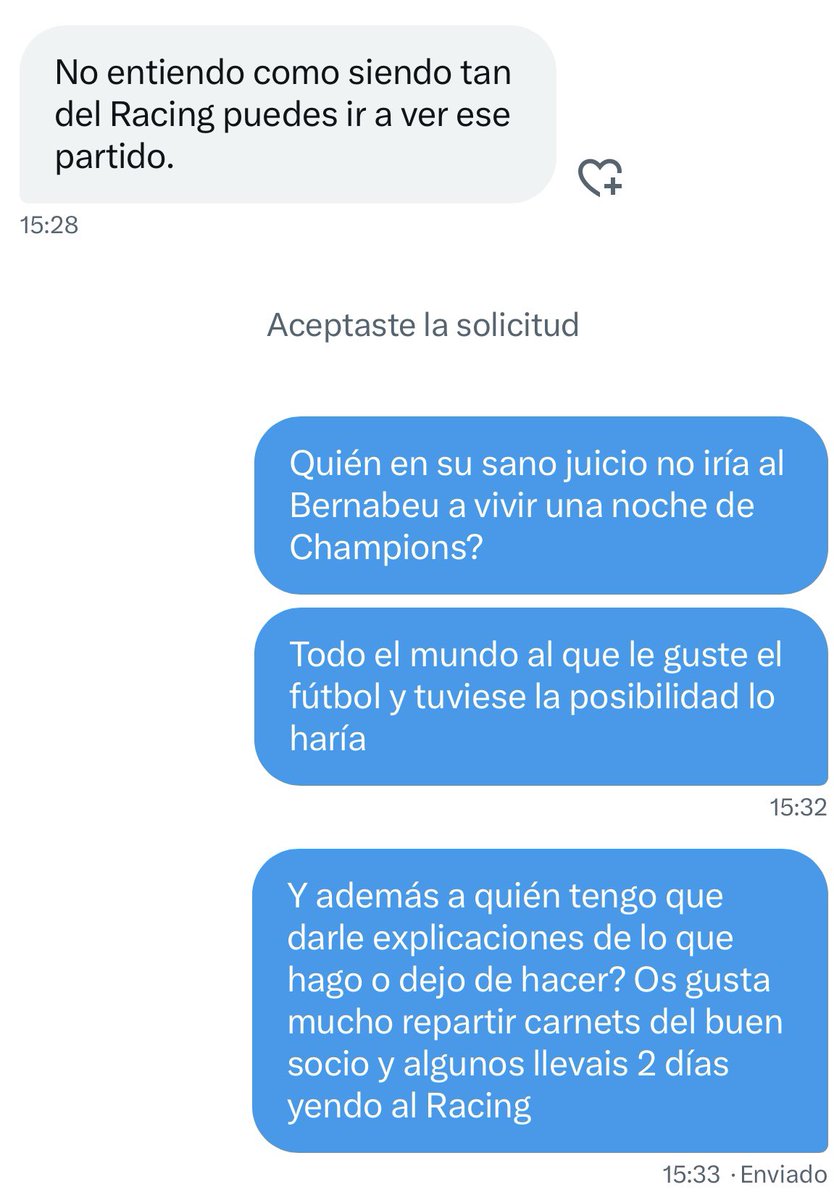 taniaBeceiro's tweet photo. Perdóname Señor por ser tan malísima Racinguista 🙏🏽 💚
De verdad, que innecesarios son este tipo de mensajes… 🤦🏽‍♀️
No necesito que nadie me diga como ser socia del Racing o lo que tengo que hacer en mi tiempo libre. Pero muchas gracias 😘 https://t.co/7YXbZgnVxF