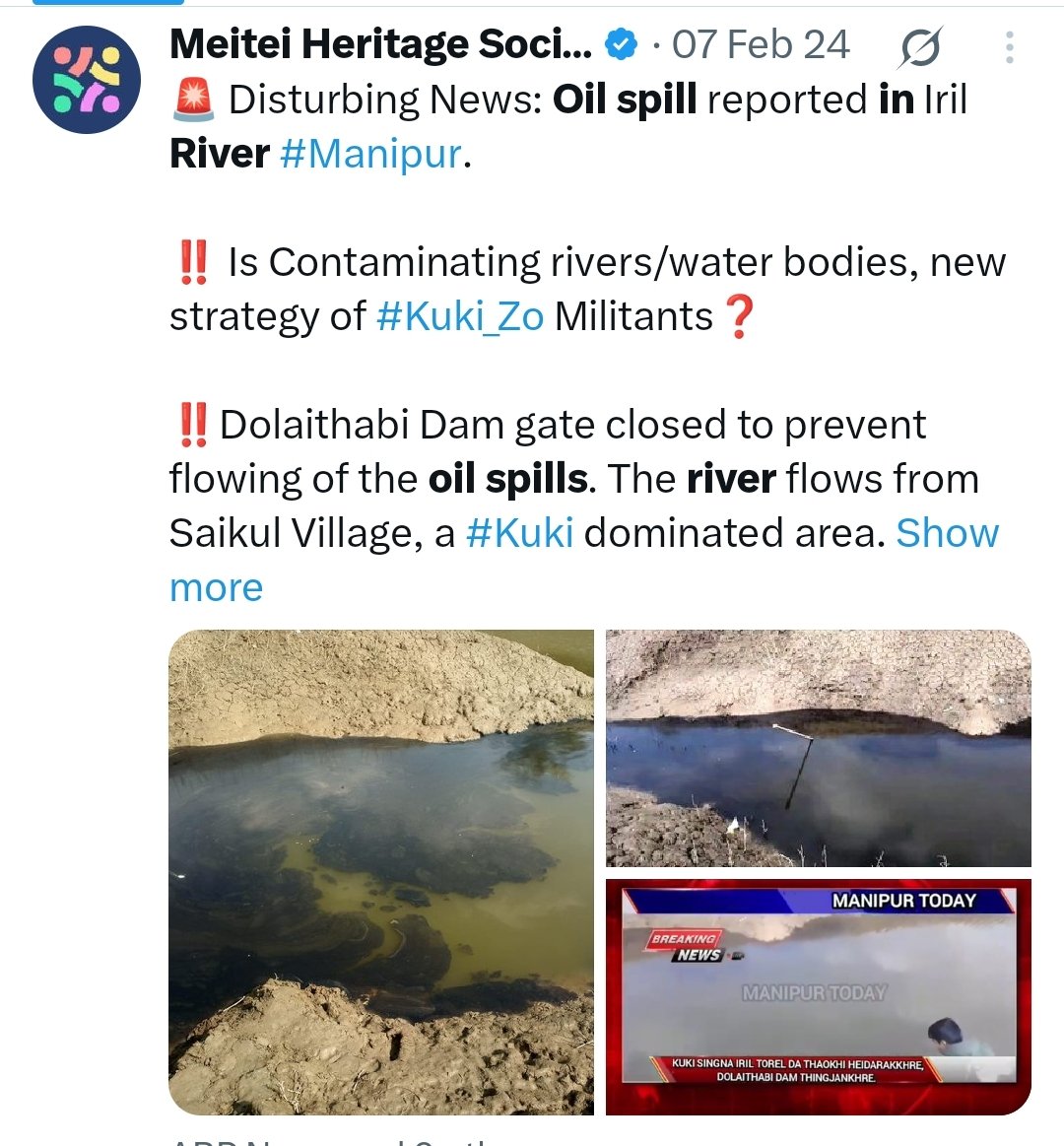 Arijitnobody1 (@arijitnobody2) on Twitter photo In an effort to attack the Meiteis #KukiIllegalImmigrants destroyed the ecological system several times by spilling heavy oil in Leimakhong river & Iril River. This is the 3rd time of their attack suspicious of poisoning the river.
x.com/reagan_moirang…
<a href="/UNHumanRights/">UN Human Rights</a>
<a href="/UNEP/">UN Environment Programme</a> In an effort to attack the Meiteis #KukiIllegalImmigrants destroyed the ecological system several times by spilling heavy oil in Leimakhong river & Iril River. This is the 3rd time of their attack suspicious of poisoning the river.
x.com/reagan_moirang…
<a href="/UNHumanRights/">UN Human Rights</a>
<a href="/UNEP/">UN Environment Programme</a>