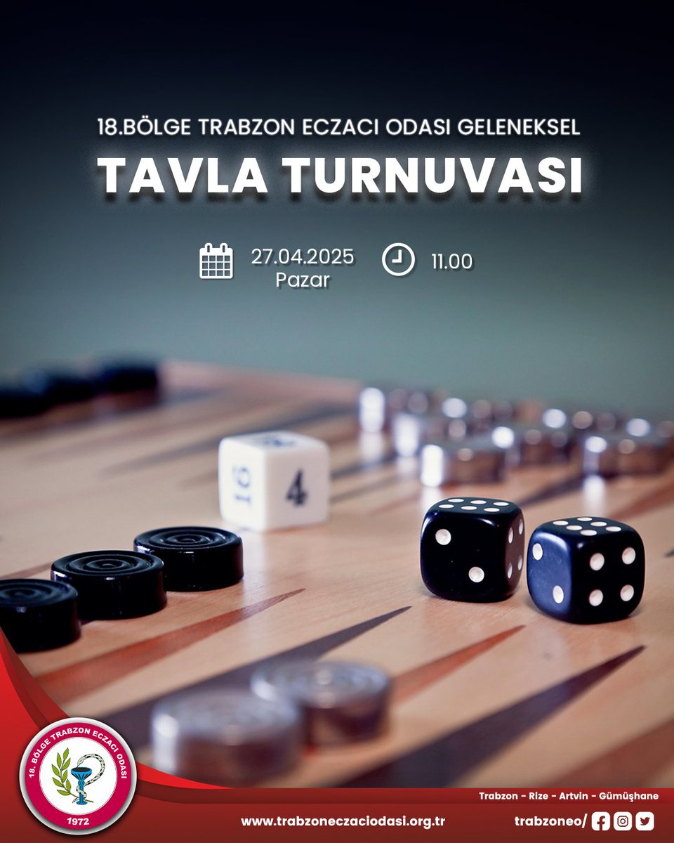 14 Mayıs Eczacılık Bayramı etkinlikleri kapsamında odamız tarafından düzenlenecek Geleneksel Tavla Turnuvası, 27 Nisan 2025 Pazar günü saat 11.00’de Trabzon Eczacı Odası’nda gerçekleştirilecektir.
Tüm meslektaşlarımız davetlidir.
Katılım için odamızla iletişime geçiniz.