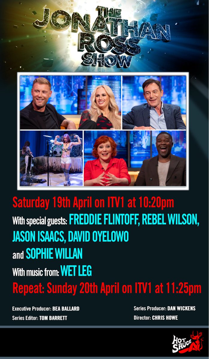 Alex Harknett (@alexharknett) on Twitter photo .<a href="/JRossShow/">Jonathan Ross Show</a>: Saturday at 10.20pm on <a href="/ITV/">ITV</a>: <a href="/wossy/">Jonathan Ross</a> with <a href="/flintoff11/">Andrew Flintoff</a>, Rebel Wilson, <a href="/jasonsfolly/">Jason Isaacs</a>, David Oyelowo, Sophie Willan and <a href="/wetlegband/">Wet Leg</a>. .<a href="/JRossShow/">Jonathan Ross Show</a>: Saturday at 10.20pm on <a href="/ITV/">ITV</a>: <a href="/wossy/">Jonathan Ross</a> with <a href="/flintoff11/">Andrew Flintoff</a>, Rebel Wilson, <a href="/jasonsfolly/">Jason Isaacs</a>, David Oyelowo, Sophie Willan and <a href="/wetlegband/">Wet Leg</a>.