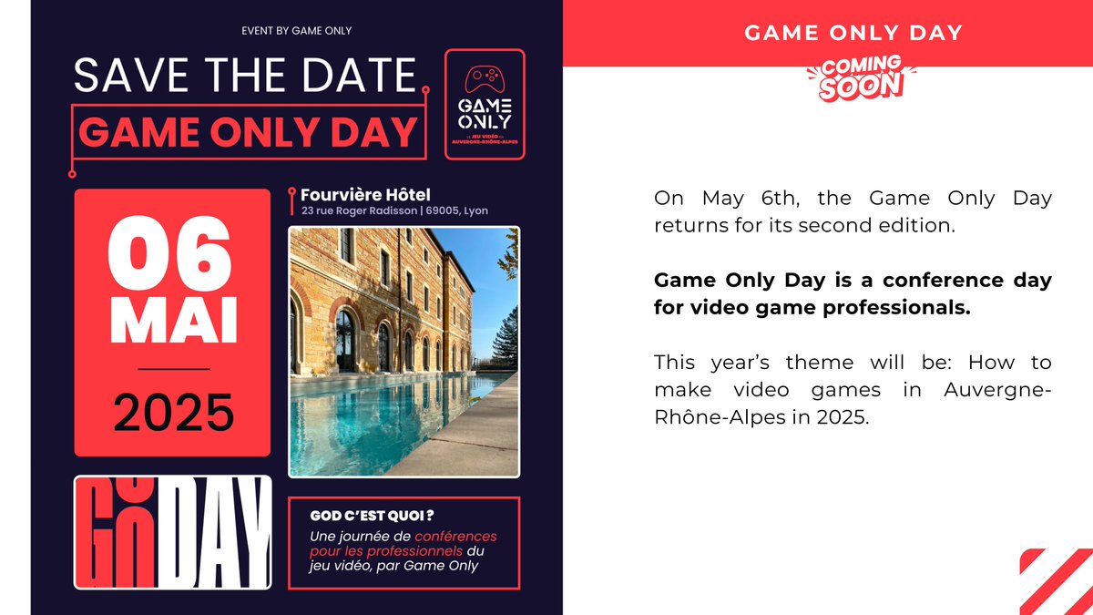 GAME-ER Project (@gameer_eu) on Twitter photo ๐Announcing Game Only Day 2025!
๐ท<a href="/GameOnlyFr/">Game Only</a> is hosting a conference day for video game professionals on May 6th, 2025, at Fourviรจre Hรดtel, Lyon.
<a href="/AbertayUni/">Abertay University</a> <a href="/unito/">Universitร di Torino</a> <a href="/_ARMINES_/">ARMINES</a> <a href="/Polytechnique/">รcole polytechnique</a> <a href="/GDACzech/">GDA.CZ</a> <a href="/CharlesUniPRG/">Charles University</a> <a href="/TorinoOgr/">OGR Torino</a> <a href="/PlugandPlayTC/">Plug and Play Tech Center</a> <a href="/cgda_hr/">CGDA</a> <a href="/HerniKlastr/">Hernรญ Klastr</a> <a href="/CMFundao/">Municรญpio do Fundรฃo</a> ๐Announcing Game Only Day 2025!
๐ท<a href="/GameOnlyFr/">Game Only</a> is hosting a conference day for video game professionals on May 6th, 2025, at Fourviรจre Hรดtel, Lyon.
<a href="/AbertayUni/">Abertay University</a> <a href="/unito/">Universitร di Torino</a> <a href="/_ARMINES_/">ARMINES</a> <a href="/Polytechnique/">รcole polytechnique</a> <a href="/GDACzech/">GDA.CZ</a> <a href="/CharlesUniPRG/">Charles University</a> <a href="/TorinoOgr/">OGR Torino</a> <a href="/PlugandPlayTC/">Plug and Play Tech Center</a> <a href="/cgda_hr/">CGDA</a> <a href="/HerniKlastr/">Hernรญ Klastr</a> <a href="/CMFundao/">Municรญpio do Fundรฃo</a>