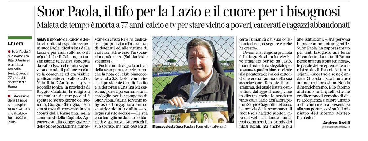 paoloangeloRF's tweet photo. #arzilli”mondo del calcio e della tv in lutto si è spenta #suorpaola tifosissima della #Lazio volto noto di #quellicheilcalcio ..congregazione delle suore scolastiche ha dedicato la propria vita all’assistenza di detenuti ed alle vittime di violenza..religiosa più nota D’Italia https://t.co/eKEsVvXSr1