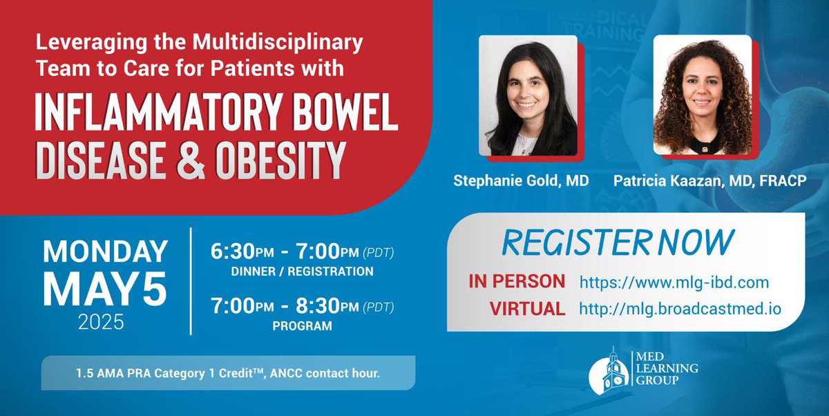 Joseph Sleiman, MD, FACP (@josephhabibi_md) on Twitter photo Join <a href="/KaazanPatricia/">Patriciakaazan</a> & <a href="/GimdGold/">Stephanie Lauren Gold, MD</a> at <a href="/DDWMeeting/">Digestive Disease Week</a> 2025 for an insightful symposium on IBD and Obesity!
In person or virtually from anywhere.
Monday, May 5th at 7:00 PM PDT
🔗 medlearninggroup.com/cme-programmin…
#DDW2025 Med Learning Group Join <a href="/KaazanPatricia/">Patriciakaazan</a> & <a href="/GimdGold/">Stephanie Lauren Gold, MD</a> at <a href="/DDWMeeting/">Digestive Disease Week</a> 2025 for an insightful symposium on IBD and Obesity!
In person or virtually from anywhere.
Monday, May 5th at 7:00 PM PDT
🔗 medlearninggroup.com/cme-programmin…
#DDW2025 Med Learning Group
