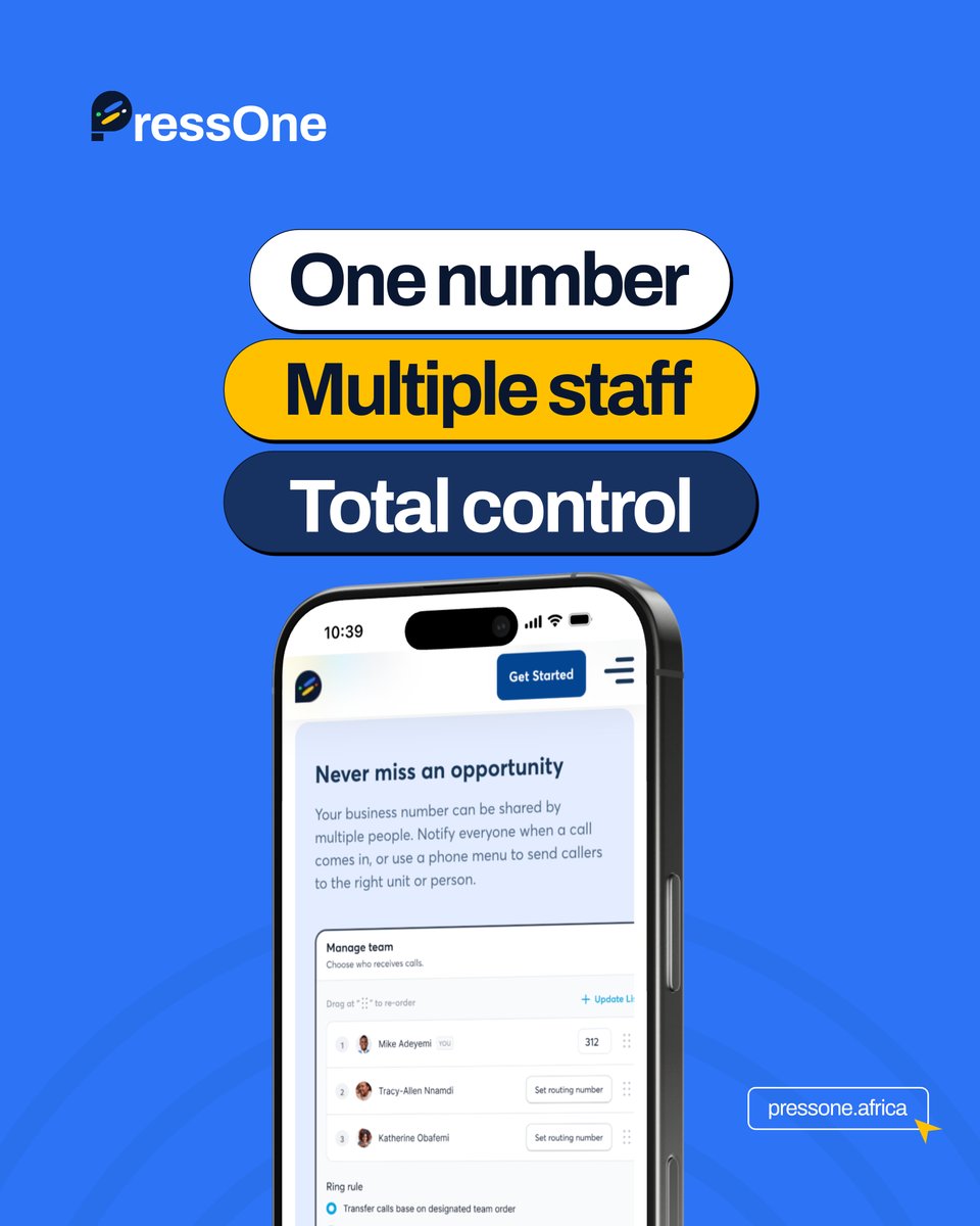 Pressone_africa's tweet image. With PressOne, several team members can make and receive calls at the same time with one number. 
You also get full visibility into every conversation between your staff and customers.

Send us a DM to get a smart phone number for your business.

#OneNumber   #PressOne