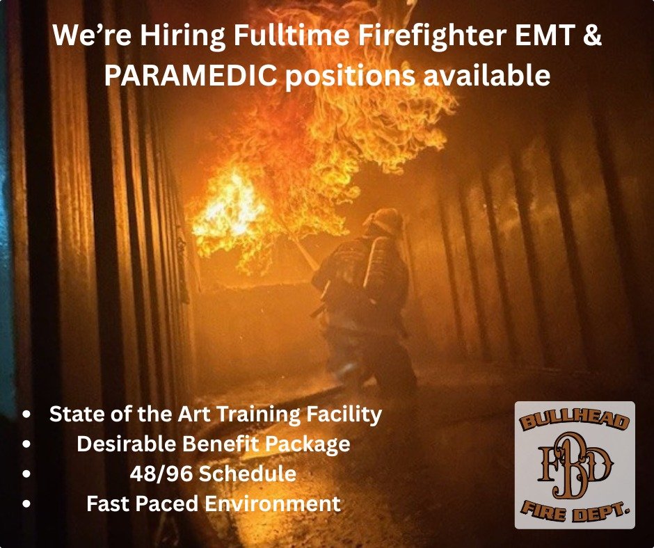BullheadFire's tweet image. We're hiring - Full-time Firefighter EMTs &amp;amp; Paramedics
ACCEPTING APPLICATIONS AND RESUMES
OPENING DATE: April 8, 2025
CLOSING DATE: April 22, 2025
Testing Date(s): TBD
For more information and Qualifications, check out our website bullheadfire.org