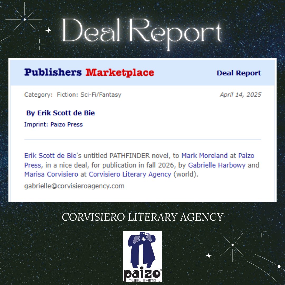 Corvisiero Literary Agency (@corvisierolit) on Twitter photo ✨Deal Report✨
We are pleased to announce that Erik Scott de Bie's Pathfinder novel will be coming fall 2026, to Mark Moreland at Paizo Press by <a href="/gabrielle_h/">gabrielle_h 🌈 is agenting 🌈</a> & <a href="/mcorvisiero/">Marisa A. Corvisiero</a> 🎉 ✨Deal Report✨
We are pleased to announce that Erik Scott de Bie's Pathfinder novel will be coming fall 2026, to Mark Moreland at Paizo Press by <a href="/gabrielle_h/">gabrielle_h 🌈 is agenting 🌈</a> & <a href="/mcorvisiero/">Marisa A. Corvisiero</a> 🎉