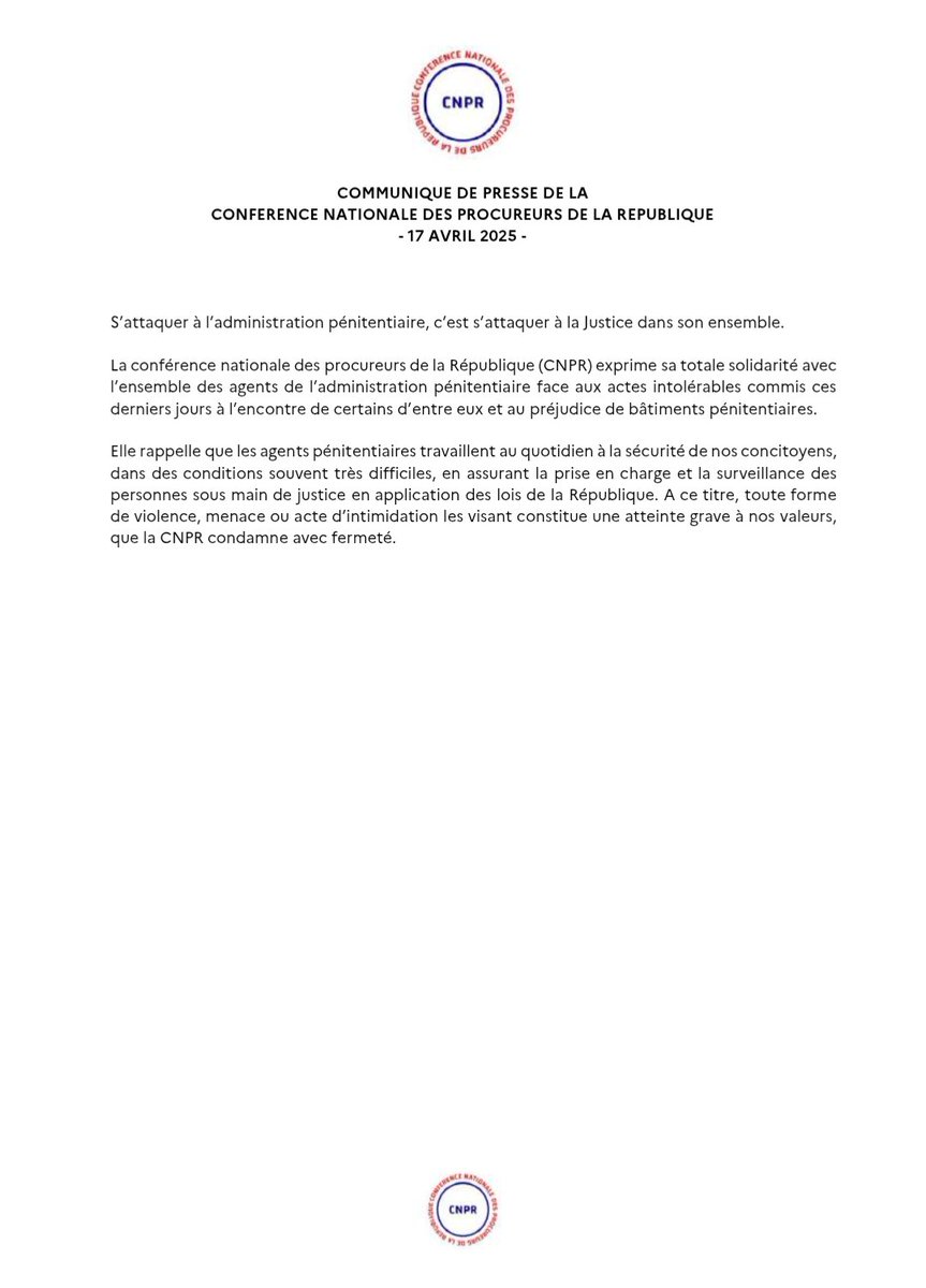 Communiqué de presse de la <a href="/conf_nat_procs/">CNPR</a> à la suite des actes récemment commis au préjudice d'agents de l'administration pénitentiaire.