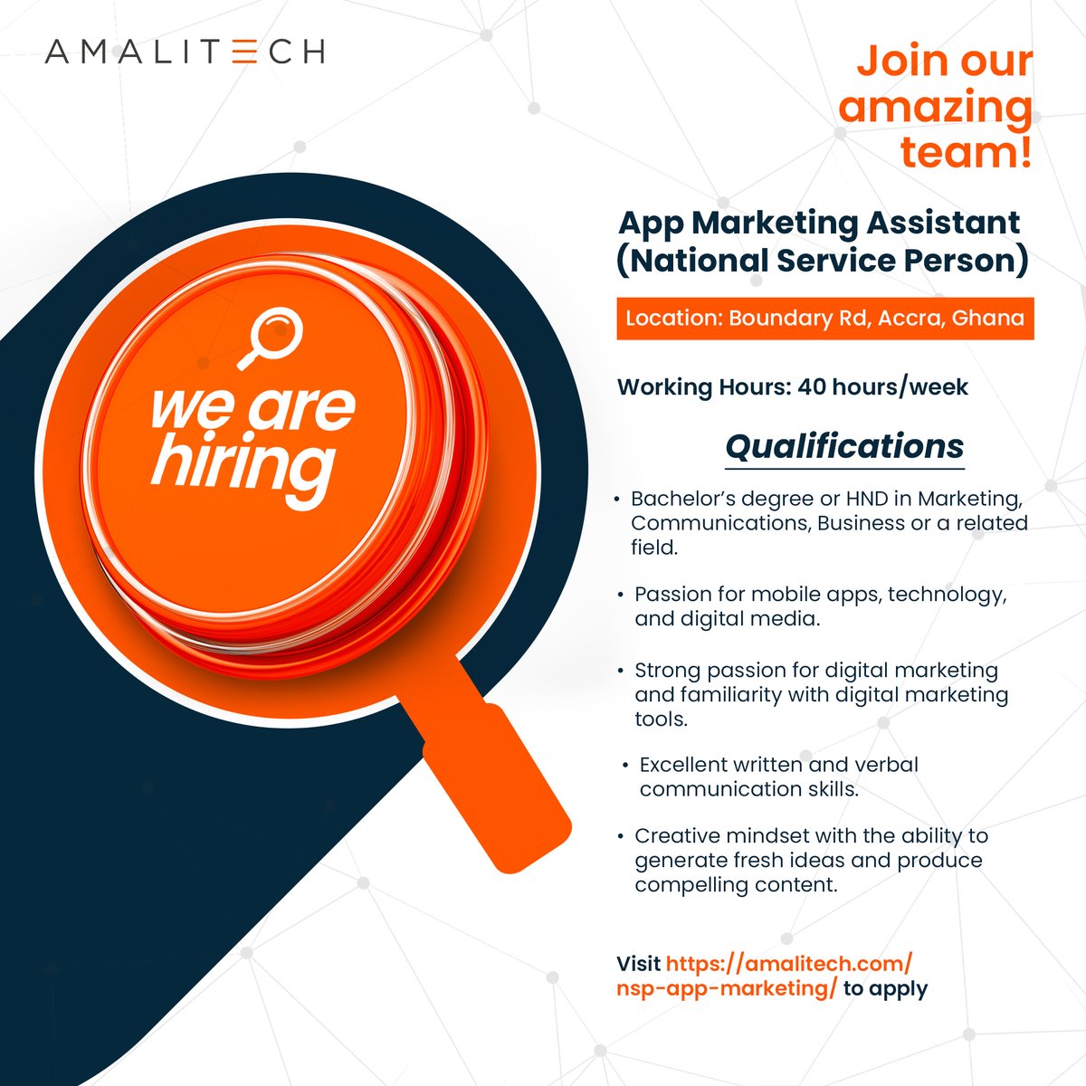 amali_tech's tweet photo. Join AmaliTech as a National Service Personnel – Non-Technical Roles!

In addition to our National Service Programme for technical tracks, we are offering three exciting non-technical opportunities in Accra and Kumasi for final year students looking to gain hands-on experience, collaborate with professionals, and benefit from international exposure.

📌 Marketing Assistant – Kumasi
Help drive our digital presence through social media management, content creation (especially TikTok), and internal communications. Ideal for Marketing or Communications students passionate about digital media.
👉Apply here: https://t.co/teQW9lJTVY

📌App Marketing Assistant – Accra
Support the growth of one of our apps by engaging users, assisting with campaigns, reporting on metrics, and sharing creative ideas. Great for candidates interested in mobile apps and digital marketing.
👉Apply here:  https://t.co/waYM8s76dx

📌Facility Assistant – Accra
Assist in the day-to-day management of our office spaces—supporting maintenance, inspections, vendor coordination, and safety efforts. Best for Facility Management or Building Tech graduates.
👉 Apply here: https://t.co/hmZOHHXOy9

If you're eager to kickstart your career in a dynamic, mission-driven environment, with exposure to international industry standards, this is your chance to make a meaningful impact at AmaliTech.

#WorkwithAmaliTech