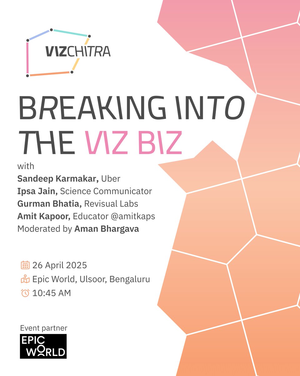 VizChitra (@vizchitra) on Twitter photo #VizChitra is hosting its 1st in-person event! 🎉
📊 Breaking into the Viz Biz, where <a href="/thedivtagguy/">Aman Bhargava 📊</a> will be in conversation with <a href="/sakarmar/">Sandeep Karmarkar</a> <a href="/ipsawonders/">ipsa jain (she/her)</a> <a href="/chartwaali/">Gurman Bhatia</a> and <a href="/amitkaps/">Amit Kapoor</a> + a hands-on viz activity by <a href="/rasagy/">Rasagy Sharma</a>
April 26 | 10:45 AM | Bangalore
🔗 hasgeek.com/VizChitra/thev… #VizChitra is hosting its 1st in-person event! 🎉
📊 Breaking into the Viz Biz, where <a href="/thedivtagguy/">Aman Bhargava 📊</a> will be in conversation with <a href="/sakarmar/">Sandeep Karmarkar</a> <a href="/ipsawonders/">ipsa jain (she/her)</a> <a href="/chartwaali/">Gurman Bhatia</a> and <a href="/amitkaps/">Amit Kapoor</a> + a hands-on viz activity by <a href="/rasagy/">Rasagy Sharma</a>
April 26 | 10:45 AM | Bangalore
🔗 hasgeek.com/VizChitra/thev…