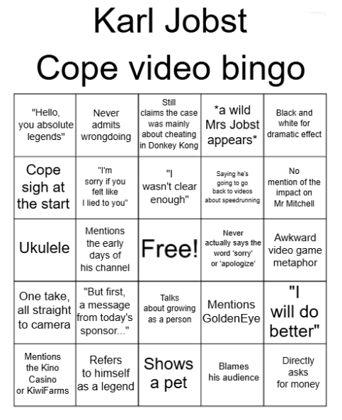 SongsInCWC's tweet photo. I made a Karl Jobst cope video bingo card, for while we wait. Feel free to rt.
#karljobst #billymitchell #helloyouabsolutelegends https://t.co/NkAbngTqAn