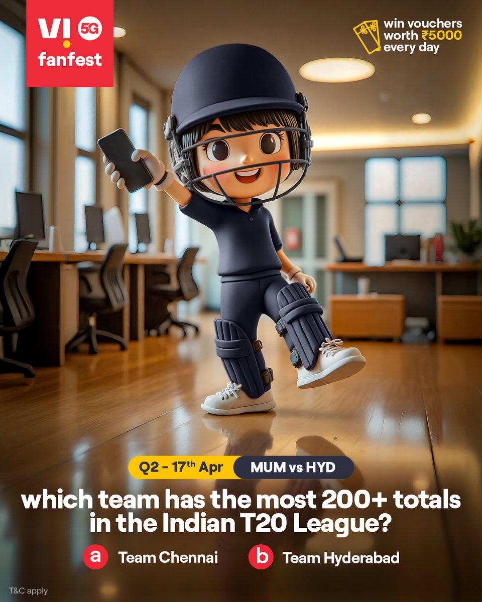 ViCustomerCare's tweet image. Cricky is testing your cricket IQ 🏏💡
Comment #Vi5Gfanfest with the right answers to all 5 questions today and stand a chance to win vouchers worth ₹5,000 🎟️✨🏆
.
.
#ChallengeAlert #WinPrizes #Quiz #ParticipateAndWin #MUMvsHYD #Mumbai #Hyderabad