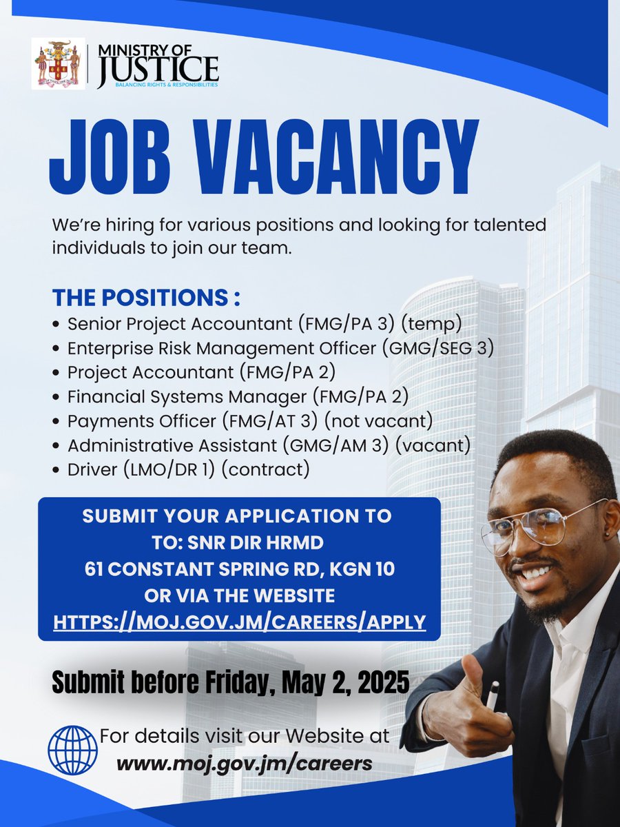 mojofficialjm's tweet image. WE ARE HIRING!

This is your opportunity to join our incredible team.

Submit your applications before Friday, May 2, 2025.

#firstclassjusticesystem