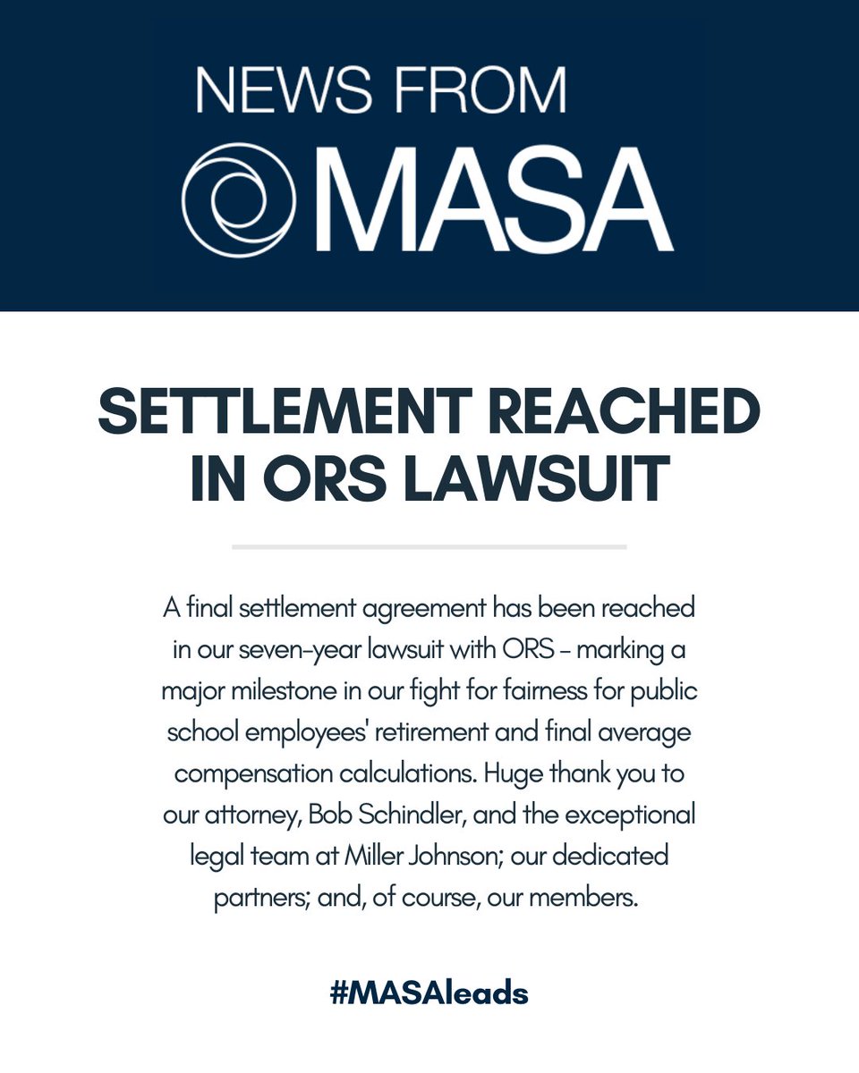 A final settlement agreement has been reached in our 7-year lawsuit with ORS – marking a major milestone in our fight for fairness for public school employees' retirement and FAC calculations. 🔗gomasa.org/.../17/settlem… <a href="/MillerJohnson/">Miller Johnson</a> #miched #mileg #MASAleads