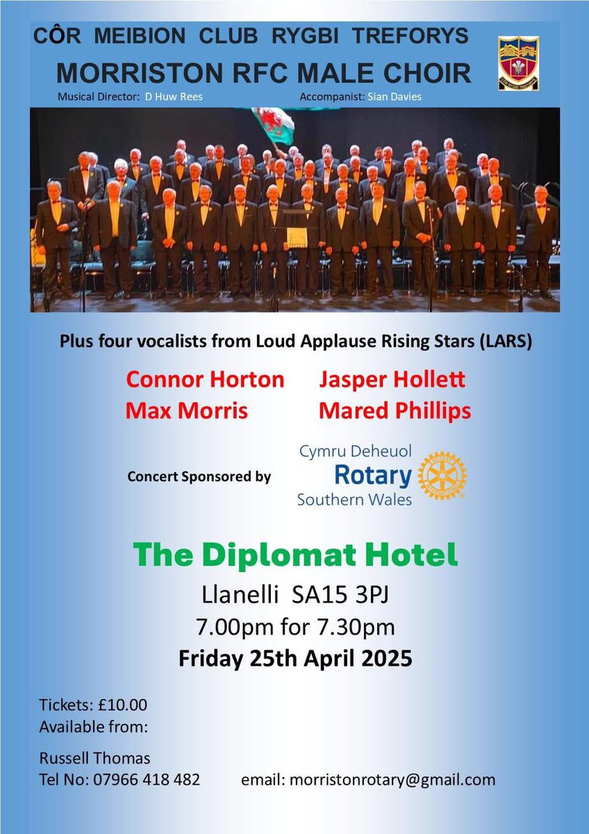 Concert to open #Rotary Southern Wales District Conference 2025! 
The concert is open to the public held at 7:30pm at the Diplomat Hotel, Llanelli on Friday 25th April 2025 to kick off the Rotary District Conference with a bang! 

Tickets will be £10!