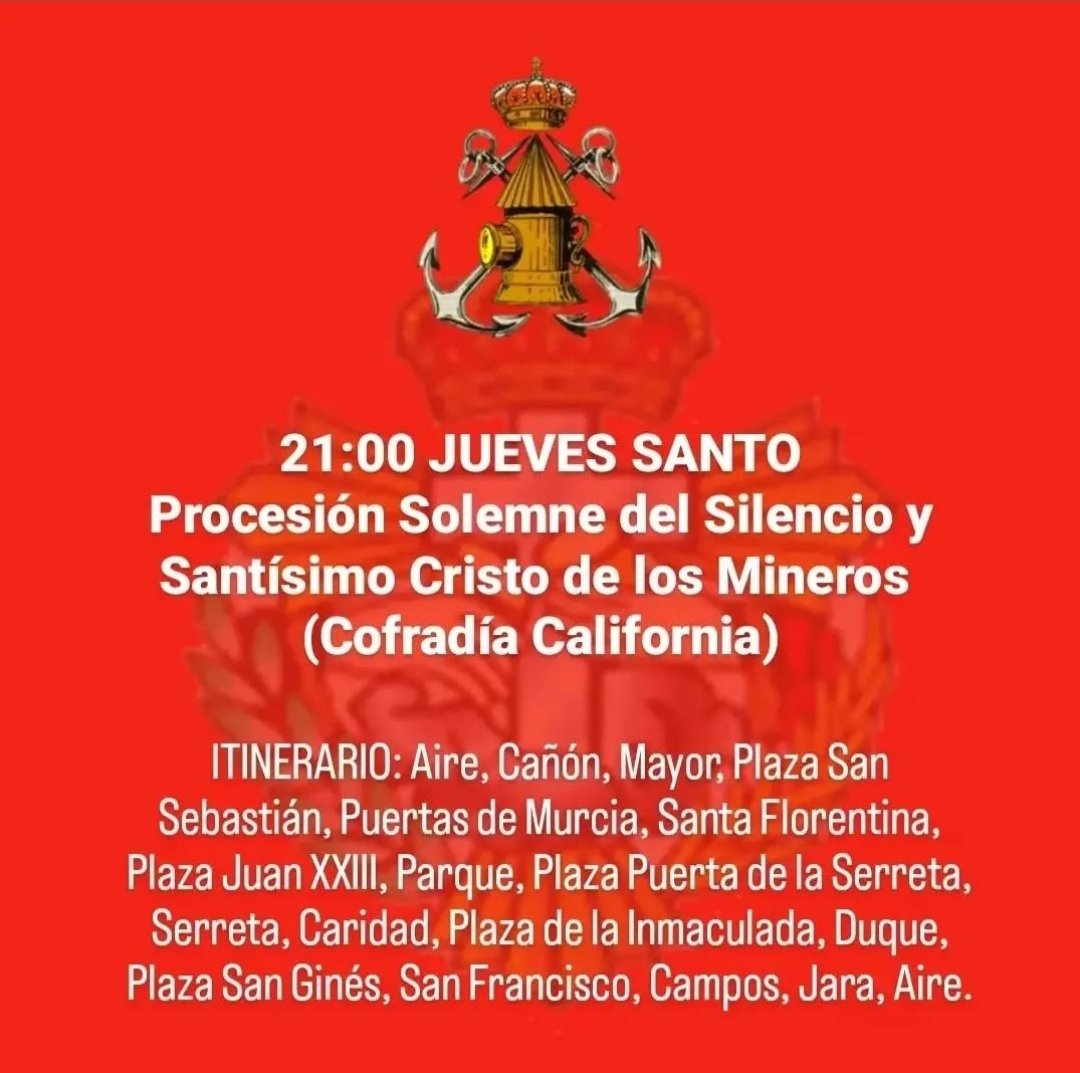21:00 JUEVES SANTO. Procesión Solemne del Silencio y Santísimo Cristo de los Mineros (Cofradía California)

1. Guiones
2. Tercio del Ósculo
3. Ecce Hom y, Mesa de la Cofradía
4. Cristo de los Mineros
5. Vuelta del Calvario
6. Santísima Virgen de la Esperanza
7.  Granaderos