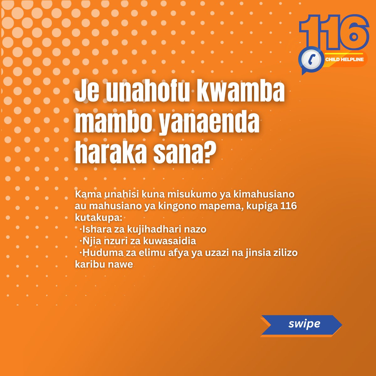 Hivi ndivyo Huduma ya simu kwa mtoto namba 116 husaidia mzazi/mlezi kuongea na mtoto kuhusu mahusiano yake ya kwanza.

Mpendwa Mzazi/Mlezi, mahusiano ya kwanza yanahitaji msaada wako –na si ukimya
#Malezi #Piga116 #Vijana #Watoto 
#SRHweek