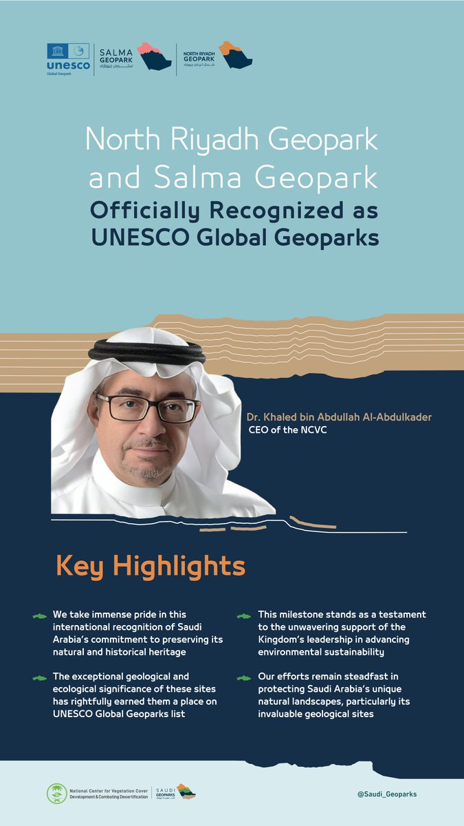 Dr. Khaled bin Abdullah Al-Abdulkader, CEO of the NCVC, emphasized the importance of #NorthRiyadhGeopark and #SalmaGeopark being recognized as part of the UNESCO Global Geoparks Network, highlighting the outstanding value of these sites and the steadfast support of the Kingdom’s