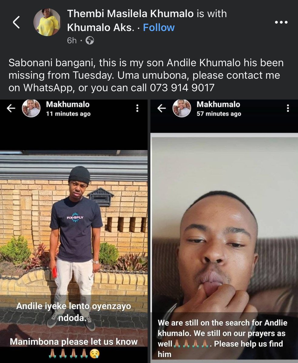 Hi guys. Please rt. His name is Andile. Last seen on Tuesday wearing military green shorts, cream white Tshirt and no shoes. 😞