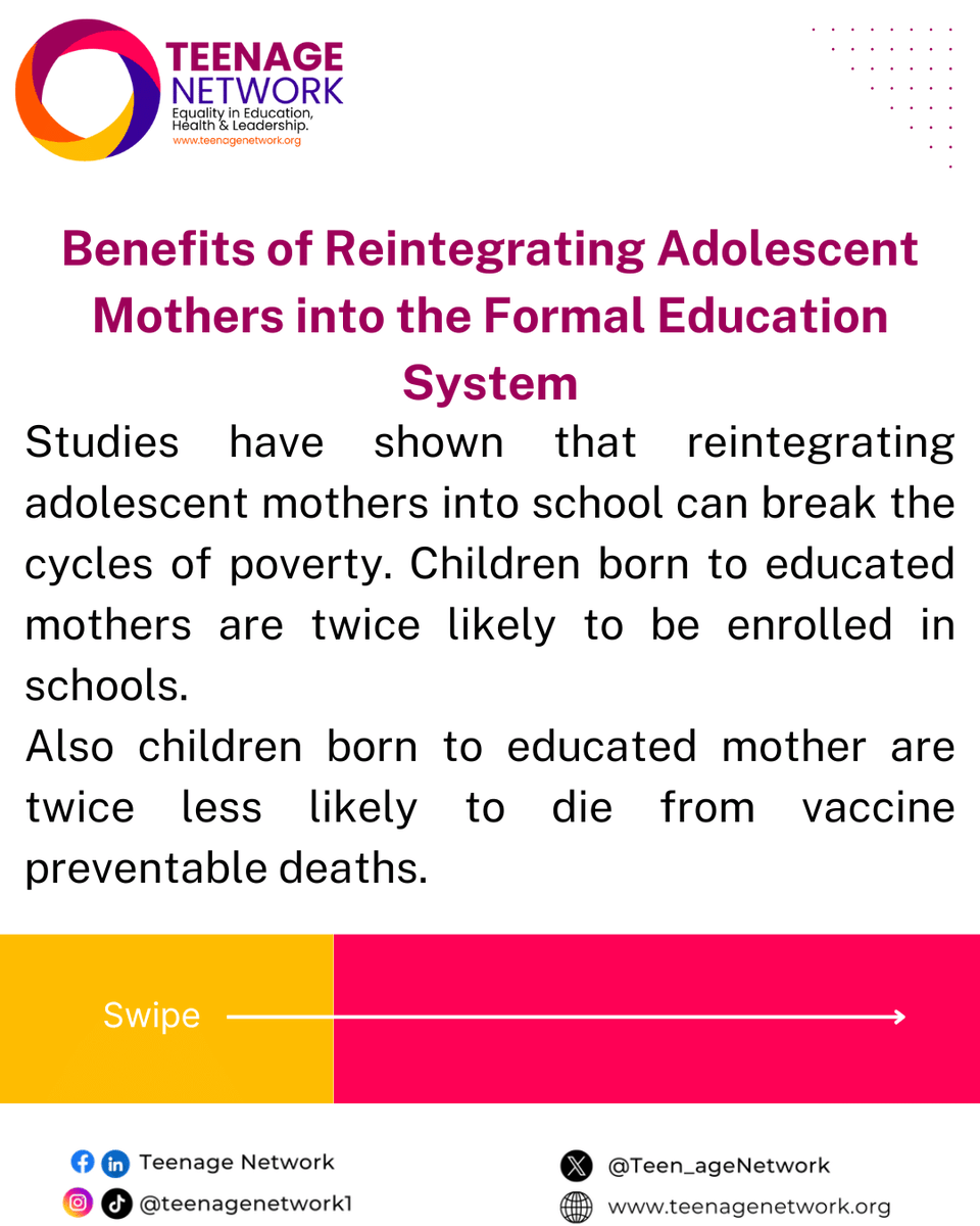 Teen_ageNetwork's tweet photo. When we invest in educating adolescent mothers, we empower them realise their full potential, and create a more inclusive and equitable society
Click the link to learn more:
https://t.co/eAaUdkHkMo
#TeenageNetwork
#AdolescentMothers
#REAMS
#EducationForAll https://t.co/u8eiz1PoLg