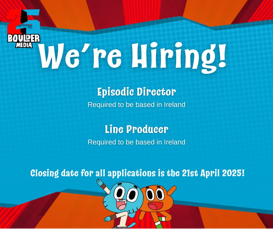 Boulder Media (@bouldermedialtd) on Twitter photo Our Crew-Up continues with more new job opportunities available!
We're looking for:
- Episodic Director
- Line Producer
Both roles require the successful candidate be based in Ireland. Applications close on April 21st. Check out our submission link here: 63cfe2b674b466401a5d1aa2.kenjo.io Our Crew-Up continues with more new job opportunities available!
We're looking for:
- Episodic Director
- Line Producer
Both roles require the successful candidate be based in Ireland. Applications close on April 21st. Check out our submission link here: 63cfe2b674b466401a5d1aa2.kenjo.io