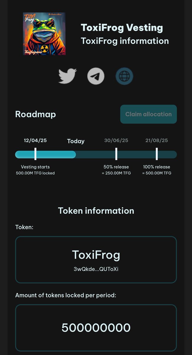 ToxiFrogonsol's tweet photo. @SenseiBR_btc Me #ToxiFrog bro $TFG
Wallet marketing and team  locked 🔒10%+ 50% of the supply whis vesting for listing..
Staking is live 27M token is on grow🤑
all certificates are on the website
https://t.co/3nAA37CE2c
Supply locked on UNCX
https://t.co/AcQH7rCfeg https://t.co/z7XBGV6EZn