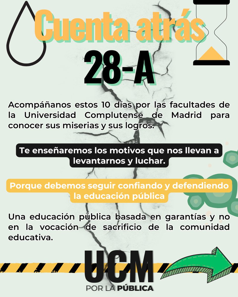 UCMporlaPublica's tweet photo. Empieza la cuenta atrás para #28A!! Si queréis participar en la campaña #Desperfectos, subid fotos de las facultades de la universidad pública con la etiqueta #Salvemoslapublica. 
En defensa de la universidad pública!!
#lapublicasedefiende
#defiendelaUCM
#ALasCallesPorLaPública https://t.co/chZoDqJbCy