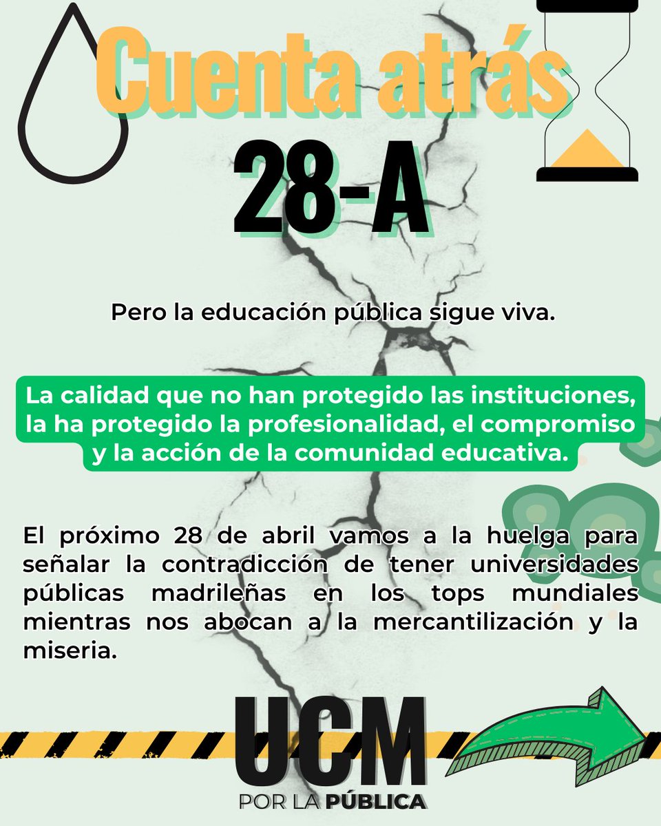 UCMporlaPublica's tweet photo. Empieza la cuenta atrás para #28A!! Si queréis participar en la campaña #Desperfectos, subid fotos de las facultades de la universidad pública con la etiqueta #Salvemoslapublica. 
En defensa de la universidad pública!!
#lapublicasedefiende
#defiendelaUCM
#ALasCallesPorLaPública https://t.co/chZoDqJbCy