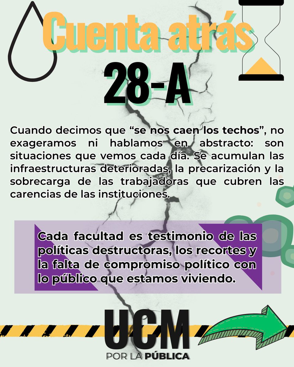UCMporlaPublica's tweet photo. Empieza la cuenta atrás para #28A!! Si queréis participar en la campaña #Desperfectos, subid fotos de las facultades de la universidad pública con la etiqueta #Salvemoslapublica. 
En defensa de la universidad pública!!
#lapublicasedefiende
#defiendelaUCM
#ALasCallesPorLaPública https://t.co/chZoDqJbCy