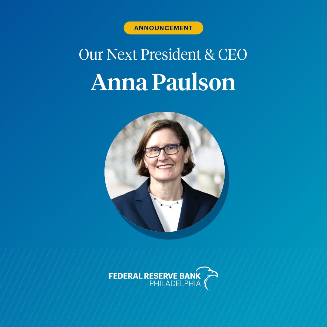 Philadelphia Fed (@philadelphiafed) on Twitter photo We are pleased to announce Anna Paulson (<a href="/annap_2013/">Anna Paulson</a>) has been named as the next president and CEO of the Philadelphia Fed. Paulson currently serves as executive vice president and director of research at the <a href="/ChicagoFed/">ChicagoFed</a> and will take office on July 1. bit.ly/3RiM1FI We are pleased to announce Anna Paulson (<a href="/annap_2013/">Anna Paulson</a>) has been named as the next president and CEO of the Philadelphia Fed. Paulson currently serves as executive vice president and director of research at the <a href="/ChicagoFed/">ChicagoFed</a> and will take office on July 1. bit.ly/3RiM1FI