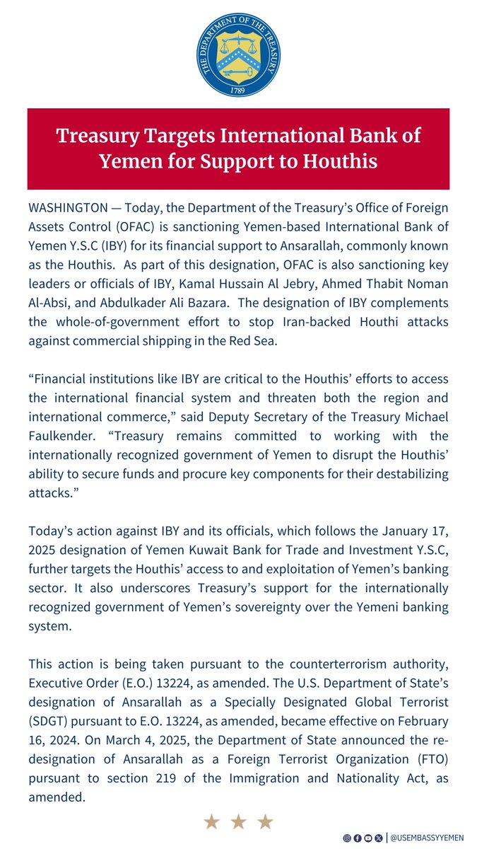 USEmbassyYemen's tweet photo. Treasury Targets International Bank of Yemen for Support to the Houthis. https://t.co/pDv3YWMJwd #USAwithYemen https://t.co/4atJvMpZR4