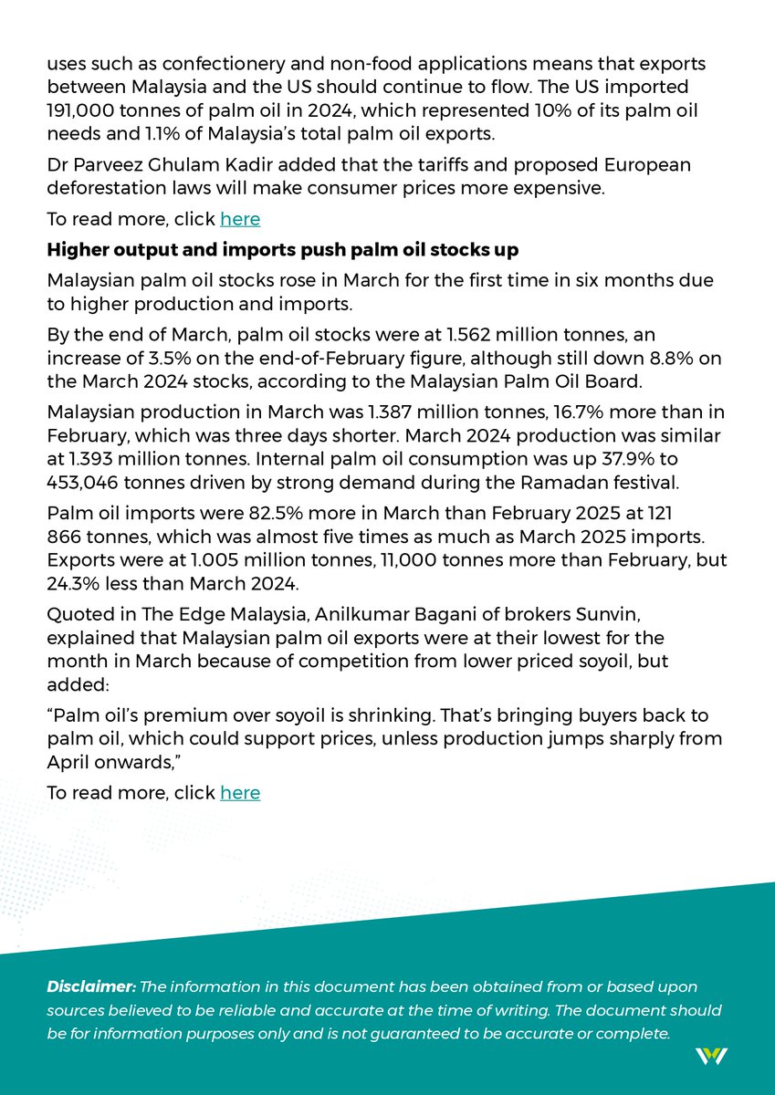Following US tariff news, Malaysian palm oil fell slightly to RM4,063/tonne ($921.21) by mid-April. 🌴

Tariffs spooked markets, but Malaysia may fare better than rivals. Stocks also rose 3.5% in March. 📈

Full report below. ⤵️

#SustainablePalmOil