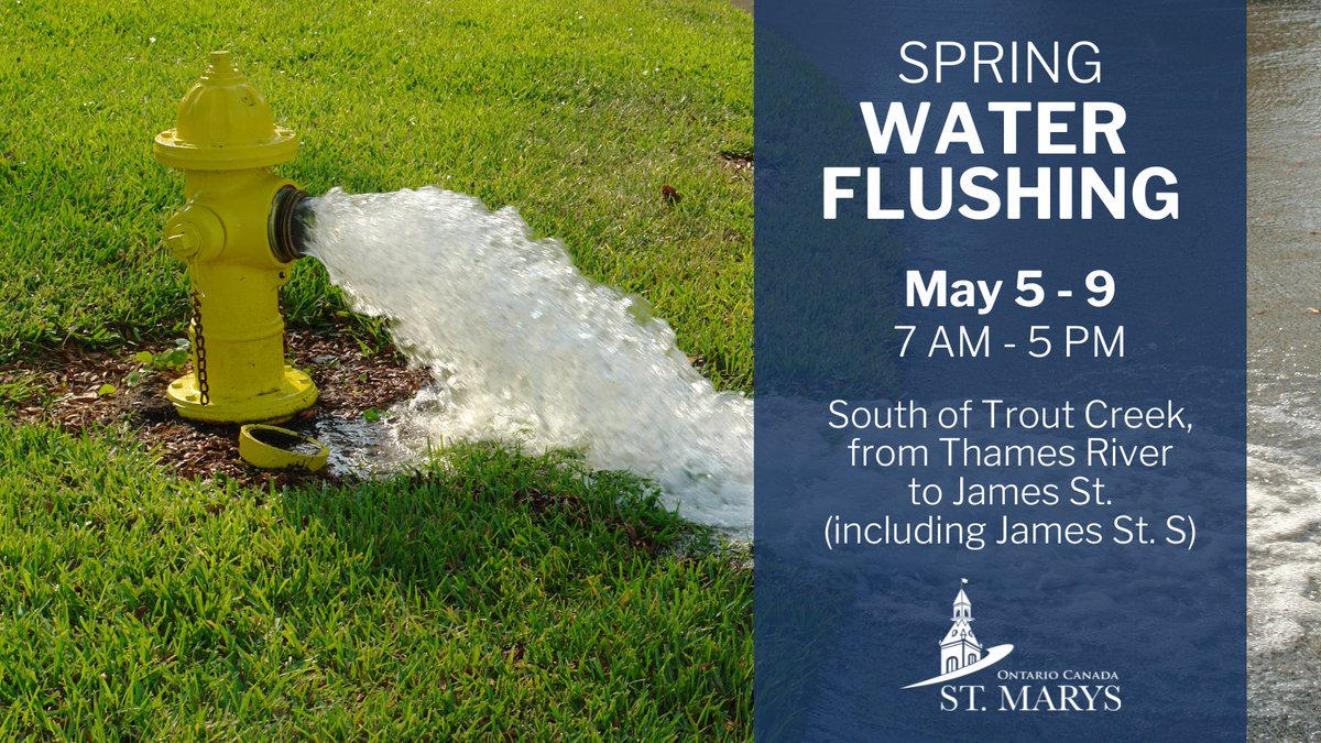 Spring water flushing begins tomorrow for the area south of Trout Creek from the Thames River to James St., including James St. S. Flushing will be done between 7 AM and 5 PM until May 9.
For a detailed schedule, map and more details, visit townofstmarys.com/flushing