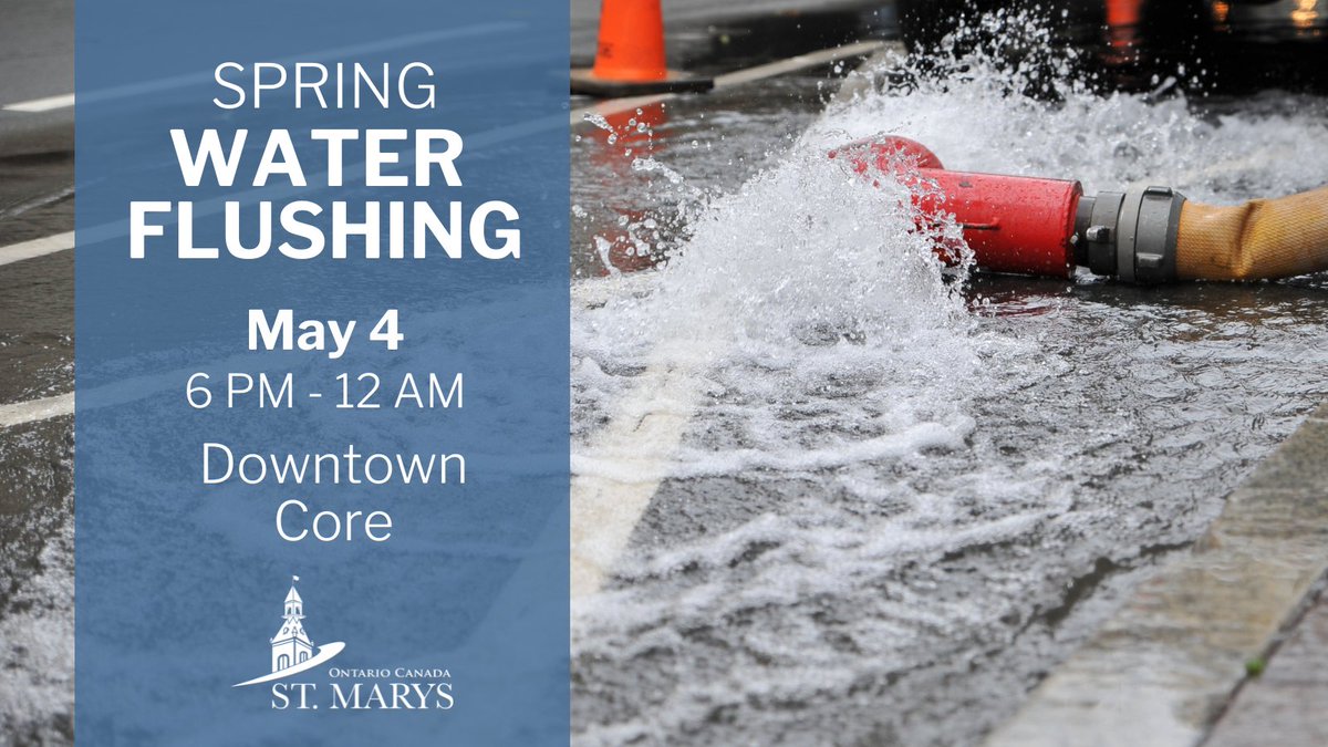 Water flushing is scheduled for 6 PM today until 12 AM tomorrow in the downtown core. If you notice any discolouration while flushing is happening, run cold water and avoid doing laundry until it runs clear. 
For a detailed schedule and map, visit townofstmarys.com/flushing