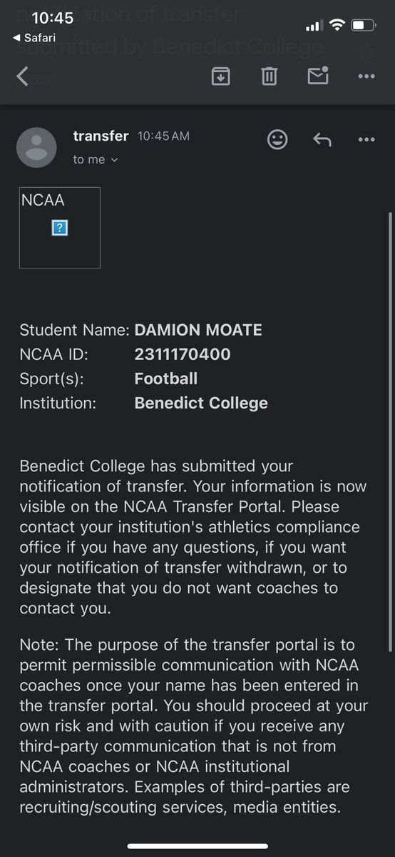DamionMoate's tweet photo. first and foremost i would like to thank the coaching staff at benedict college for giving me the opportunity to play there with that being said i will be entering my name in the transfer portal with 3 years of eligibility left. #AGTG @Mario_McClendon @CoachLit22 @oldballcoach4 https://t.co/azUbtS1rbO