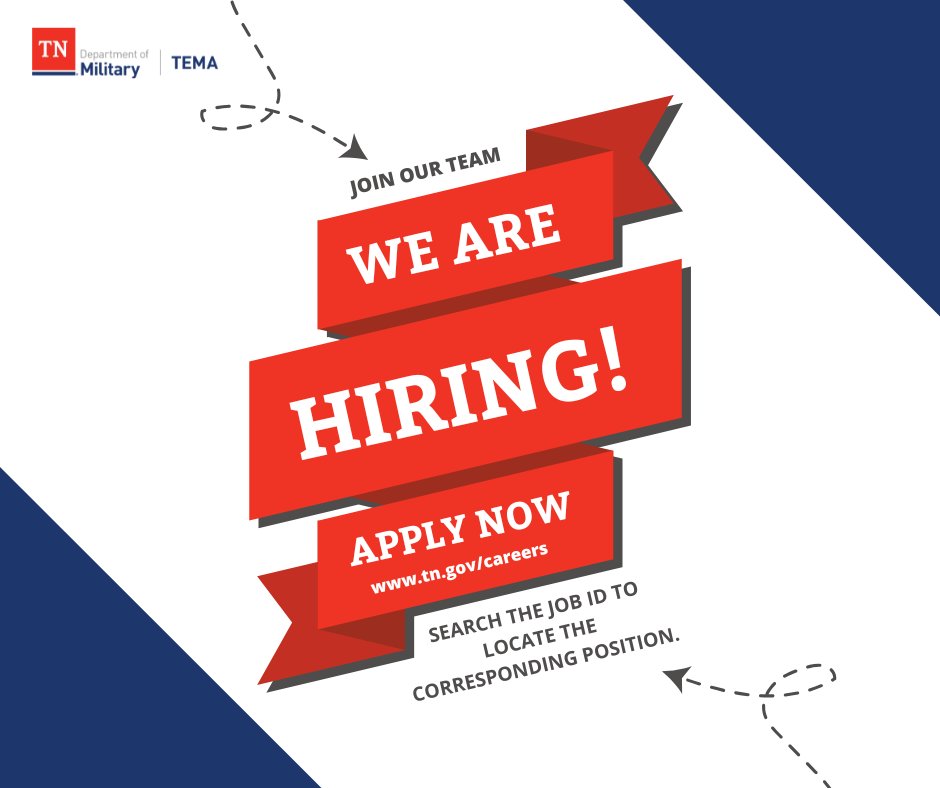 Looking for your next career opportunity? Join us at TEMA! We're currently seeking passionate and talented individuals to fill several positions.

Regional Director, Southeast
Job ID: 66897

Emergency Management Operations Officer 3
Job ID: 66735

Emergency Management Planner
Job