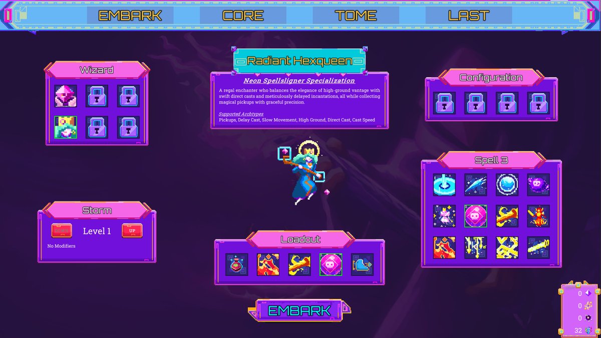 Top_Cog's tweet photo. Finishing up the UI for the Embarkment screen in Neon Spellstorm, where you select and configure everything to your hearts content!

https://t.co/uSpiKulwad

#UIDesign #roguelike #pixelart https://t.co/QNYittOAiJ