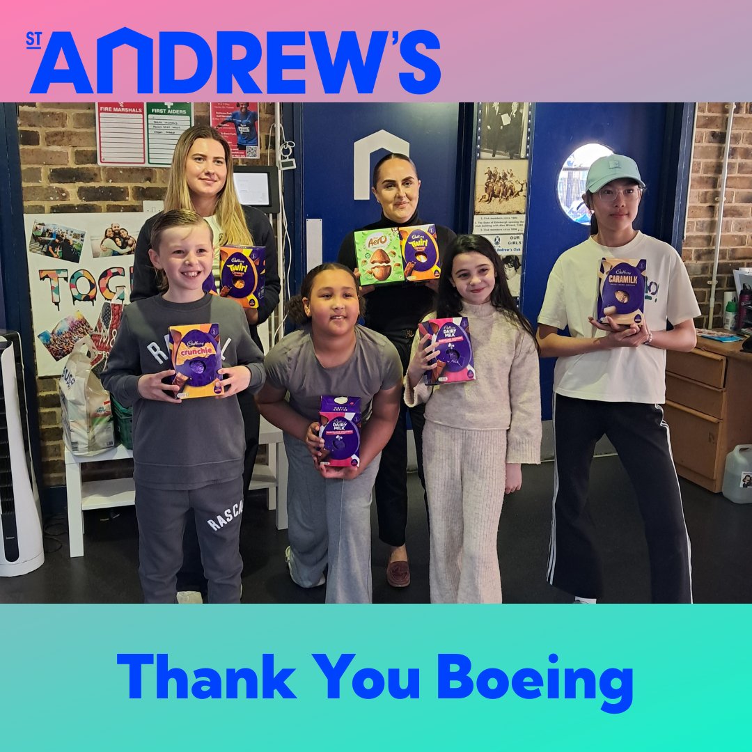 St Andrew's Club SW1 (@standrewsyc) on Twitter photo Thank you so much to <a href="/Boeing/">The Boeing Company</a> who generously donated easter eggs to St Andrew's, making it a very happy easter for children at the Club.
#easterholidays Thank you so much to <a href="/Boeing/">The Boeing Company</a> who generously donated easter eggs to St Andrew's, making it a very happy easter for children at the Club.
#easterholidays