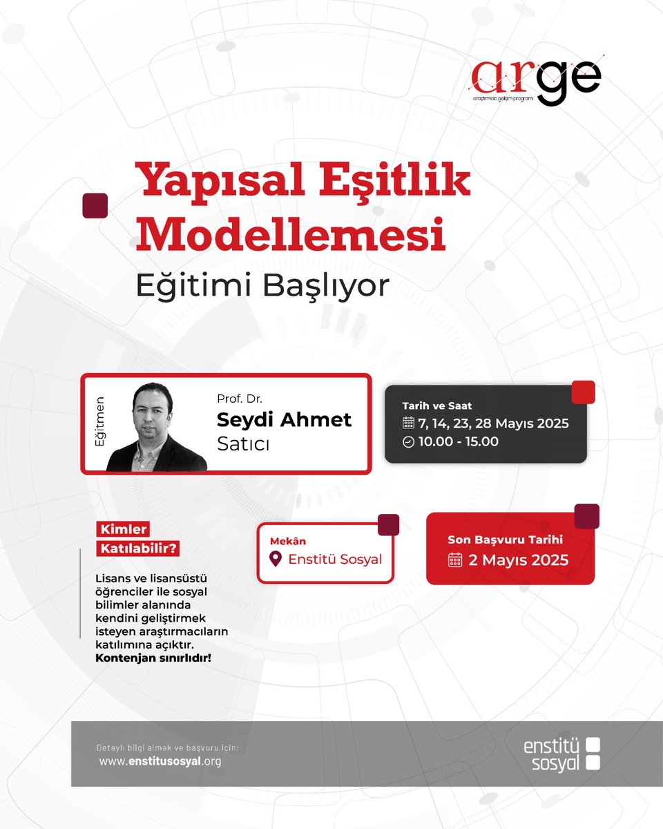 Yapısal Eşitlik Modellemesi Eğitimi Başlıyor

Yapısal eşitlik modellemesine teorik ve uygulamalı düzeyde hâkimiyet kazanmak isteyen lisansüstü araştırmacılar için yeni bir eğitim başlıyor. Enstitü Sosyal tarafından yürütülen Araştırmacı Gelişim Programı (arge) kapsamında