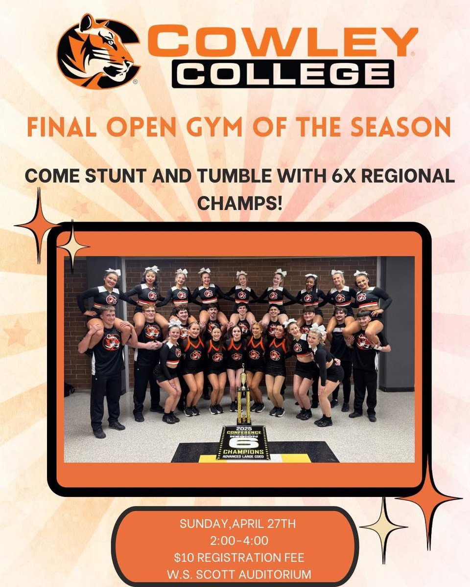 CowleySpirit's tweet image. Join us for our final Open Gym of the season! For more information contact Holli.gurnee@cowley.edu 🐅📣 @CowleyAthletics @CowleyCollege