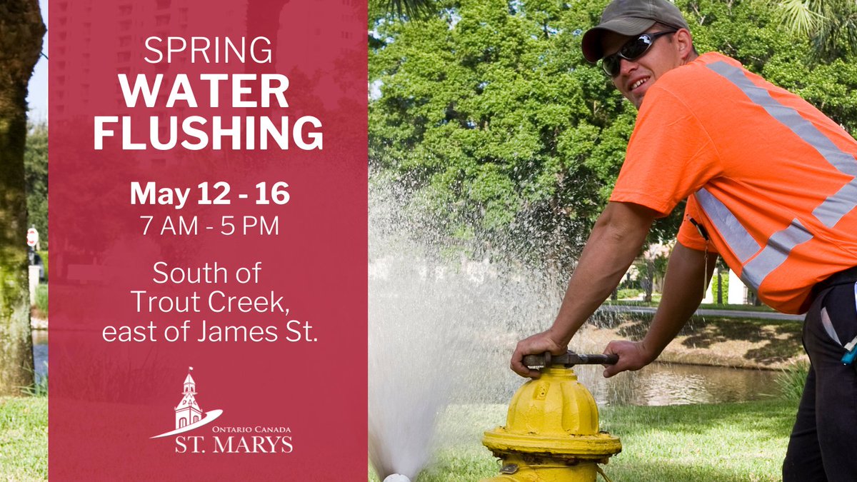Spring water flushing begins tomorrow for the area south of Trout Creek and east of James St. Flushing will be done between 7 AM and 5 PM until May 16.
For a detailed schedule, map and more details, visit townofstmarys.com/flushing