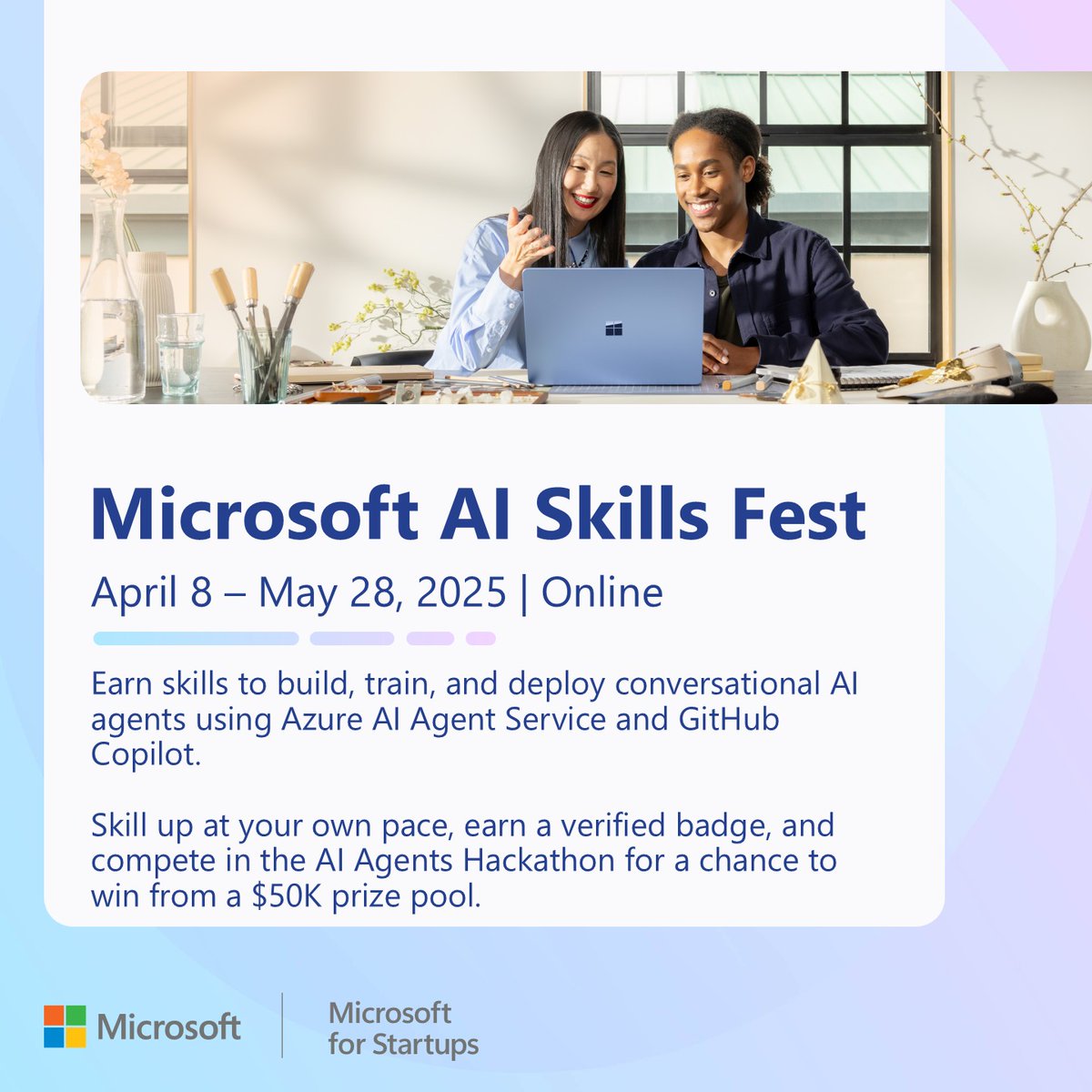 Microsoft for Startups (@msft4startups) on Twitter photo What if your AI could act, not just respond?💡
<a href="/MicrosoftLearn/">Microsoft Learn</a> AI Skills Fest is live!
- Build with Azure AI + GitHub Copilot
- Earn a verified badge
- Hackathon: $50K in prizes
Skilling is open now through May 28: msft.it/6018S6kjC
#MicrosoftForStartups #AI What if your AI could act, not just respond?💡
<a href="/MicrosoftLearn/">Microsoft Learn</a> AI Skills Fest is live!
- Build with Azure AI + GitHub Copilot
- Earn a verified badge
- Hackathon: $50K in prizes
Skilling is open now through May 28: msft.it/6018S6kjC
#MicrosoftForStartups #AI