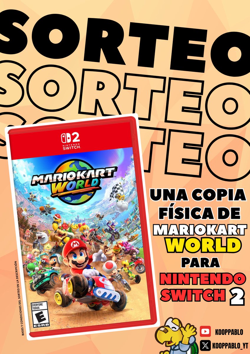 SORTEO GLOBAL #MarioKartWorld 🏁 para #NintendoSwitch2
REQUISITOS
🤝Seguirme 
Dale a like❤️ y comparte 🔄
PARA DOBLE PARTICIPACIÓN 
(Más oportunidades de Ganar)
Sígueme en Youtube youtube.com/@kooppablo?si=…
Anuncio ganador/a el 31 de Mayo 🗓️
MUCHA SUERTE A TODOS !!!☘️😋