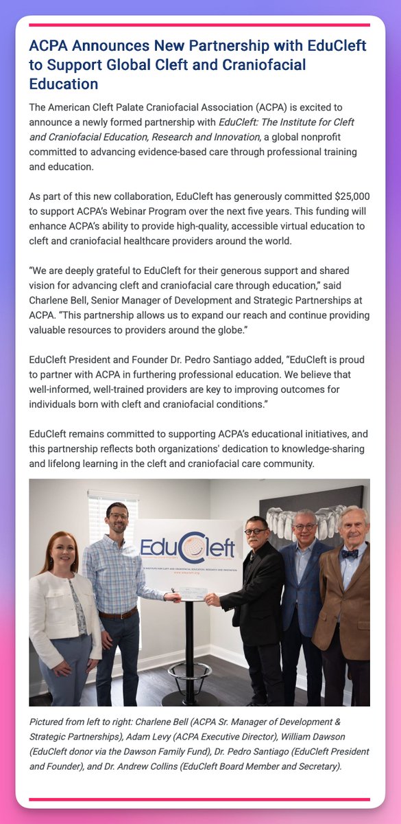 AlloriMD's tweet photo. Duke Craniofacial Orthodontist Dr. Pedro Santiago in the news! He will participate in a panel discussion on pre surgical infant orthopedics in June, and ACPA announced a partnership with his non-profit organization EduCleft. Congrats, Pedro! @Duke_Childrens @DukeSurgery https://t.co/XXixD9PS1E