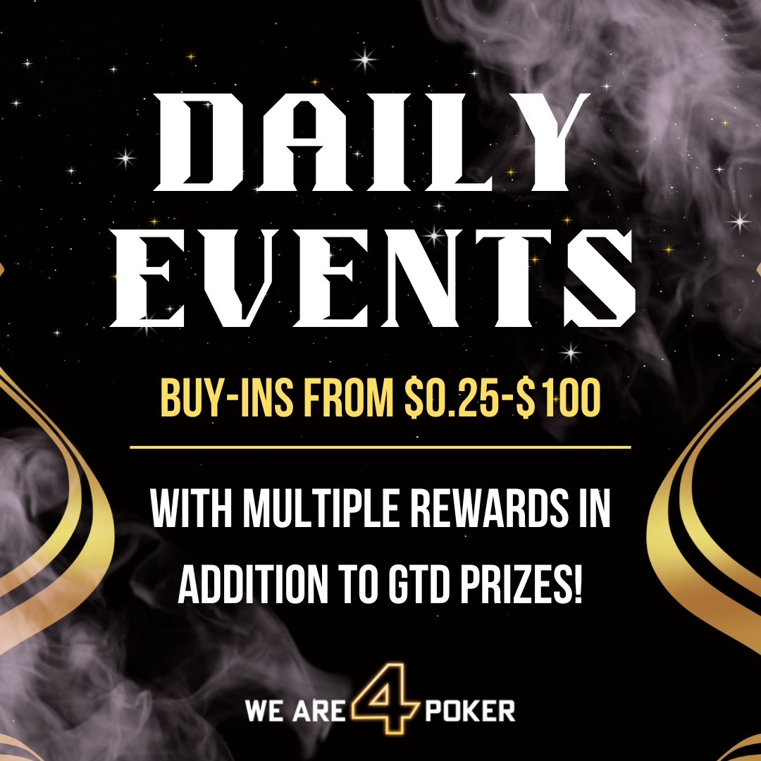 Join the Daily Events! 🚀

With buy-ins ranging from $0.25-$100, our Daily Events are awarding:

🎫 Extra seats in addition to GTD prizes
🏆 Tournament Leaderboard points

Don't miss out! 🔥

Play at 4Poker: 4poker.com/web-client/

#pokernight #sundaypoker #pokerplayer